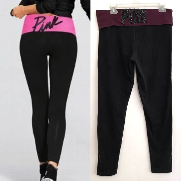 PINK YOGA VS PINK VICTORIA'S SECRET Foldover Yoga Leggings Black Burgundy BLING - Picture 1 of 15